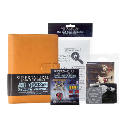 Conquest Journals Supernatural John Winchester Replica Journal Big Bundle, John's Journal with Monster Lore Pages, Medals & Ribbons, Creepy Photos, Biggerson's Turducken Ad, Mystery Spot Brochure and