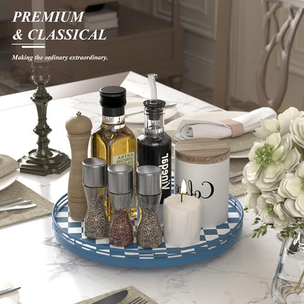 Premium Rubber Wood Lazy Susan Turntable, Blue White Checkerboard Decorative Serving Tray, Hand-Welded Metal Railing, Stable Rotating Organizer for Dining Table, Kitchen Counter, Coffee Table Decor