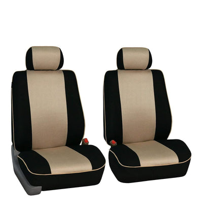 FH GROUP FH-FB063102 Pair Set Sports Fabric Car Seat Covers Beige / Black, Airbag compatible and Split Bench W. FH2033 Steering Wheel Cover and Seat Belt Pads- Fit Most Car, Truck, Suv, or Van