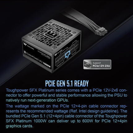 Thermaltake Toughpower SFX 1000W 80Plus Platinum ATX 3.1 Standard Power Supply; 600W 12V-2x6 Connector Included; Full Modular; 90mm FDB Fan; PS-STP-1000FNFAPU-1; 7 Year Warranty