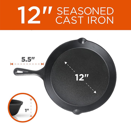 Cast Iron Skillet Pan 3-Piece Set ? Round Cast Iron Skillet 8 inch 10 inch and 12 inch Pre-Seasoned Cast Iron Cookware by Commercial Chef