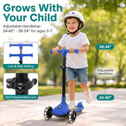 SereneLife Kids Scooter for Ages 3–7 – 3 Wheel Kick Scooter with Seat Option, Light-Up LED Wheels, Lean-to-Steer, Foldable, Adjustable Height, 50 kg Capacity, Blue