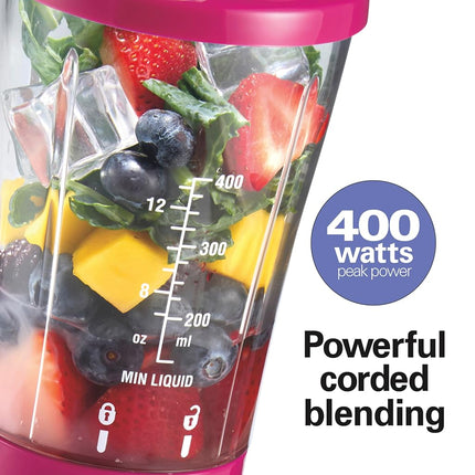 Hamilton Beach Personal Blender for Smoothies & Protein Shakes, Portable Single Serve Blender with Travel Lid, 14 oz BPA-Free Jar, 175W, Compact Countertop Blender, Raspberry, 51131G