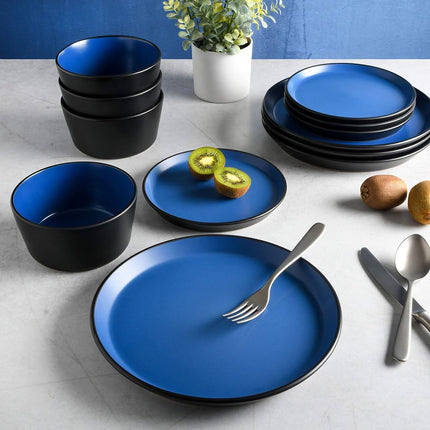 Gibson Soho Lounge Sofia Coupe Stoneware Dinnerware Set, Service for 4 (12pcs), Matte Blue