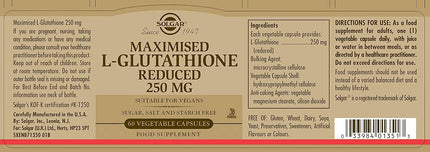 Solgar Maximised L-Glutathione Reduced 250 mg Vegetable Capsules - Pack of 60 - High Potency Source - Amino Acid - Vegan