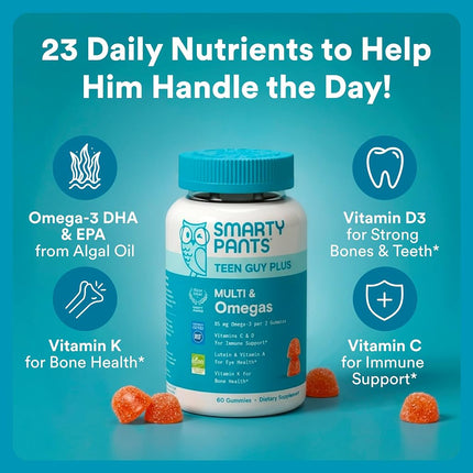 SmartyPants Teen Guy Multivitamin Gummies - Improved Formula: Omega 3 (DHA/EPA), Vitamin D3, C, Vitamin B12, B6, A, K & Zinc, Folate, Gluten Free, Fruit Flavor, 60 Count (30 Day Supply)