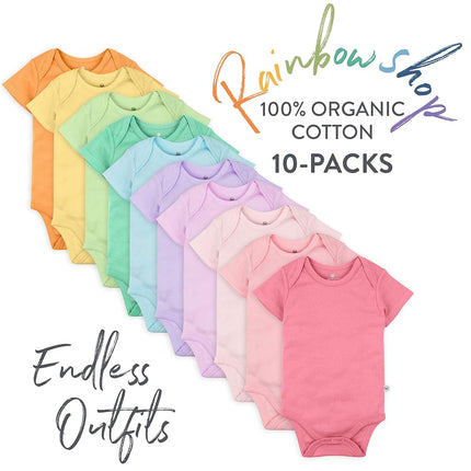 Honestbaby 10-Pack Short Sleeve Bodysuits One-Piece 100% Organic Cotton for Infant Baby Boys, Girls, Unisex, Rainbow Pinks, 12 Months