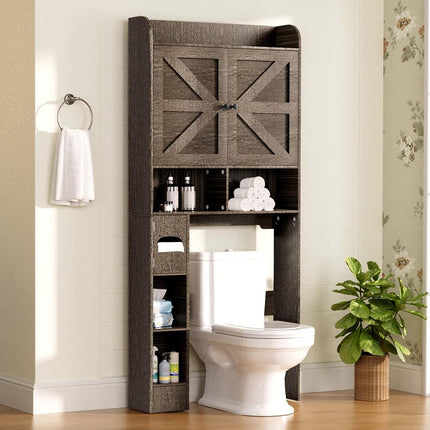 Vipbear Freestanding Wooden Over The Toilet Storage Cabinet with 2 Barn Doors, Toilet Paper Holder, Anti-Tip Device & Adjustable Shelf, Ideal for Bathroom, Restroom & Laundry