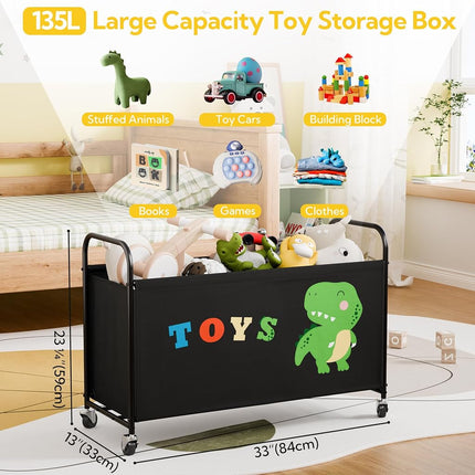 GRANNY SAYS Toy Chest with Wheels, 135L Extra Large Toy Storage Organiser, Metal Toybox Dinosaur, Toys Storage Box for Kids, Baby Toy Bin for Children Nursery Play Room Organizing Plush Toys, Black