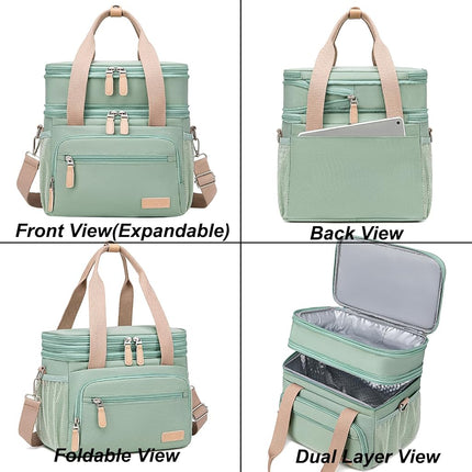 Weitars Insulated Lunch Box for Women Men-Dual Compartment Waterproof Reusable Large Lunch Bag for Women Wide-Open Tote Cooler Bag for Working Picnic Hiking (15L) (Green)