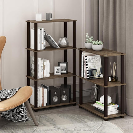 Furinno TURN-S-TUBE Storage Shelves Set of 2, 3-Tier Book Shelf, Corner Shelf, Toolless Open Shelves, Square Tubes, for Organization and Storage, Living Room, Garage, Home Office, Walnut