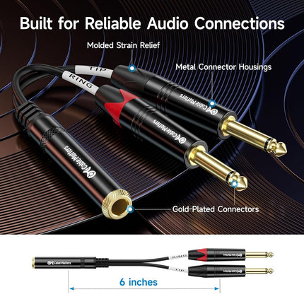 Cable Matters 2-Pack 1/4 TRS to Dual TS Stereo Audio Splitter Cable (Dual 1/4 Inch TS to TRS Female Adapter) in Black - 6 Inches / 0.15 Meters