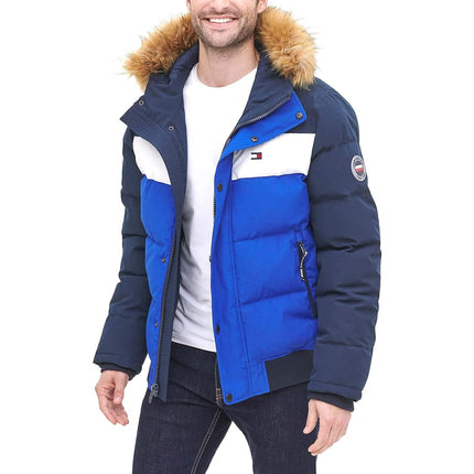 Tommy Hilfiger Men's Arctic Cloth Quilted Snorkel Bomber Jacket Parka, Navy/White/Royal, XXL