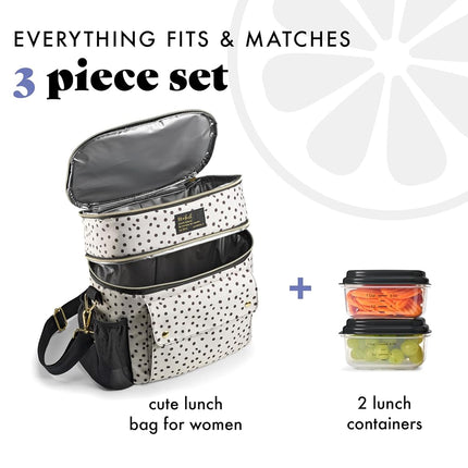 Fit & Fresh Westminster Insulated Lunch Bag Double Compartment for Women, Full Set with 2 Containers, Double Compartment Cooler Bag with Adjustable Strap, Black and White Dots