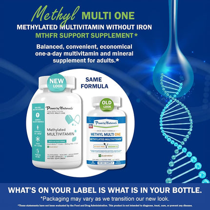 Power By Naturals Methyl Multi One – Iron-Free Methylated Multivitamin with 5-MTHF, Methyl B12 & CoQ10 – Methylation Support for Men & Women – Vegan, Non-GMO – 60 Capsules (2-Month Supply)
