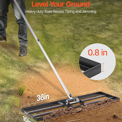 VEVOR Lawn Leveling Rake, Lawn Leveler with 83.9 in Handle, 36x10 in Ground Plate, Rust-Resistant Carbon Steel Soil Leveler, 3 Heights Adjustable, Effort Saving Lawn Leveling Tool for Yard Golf Court