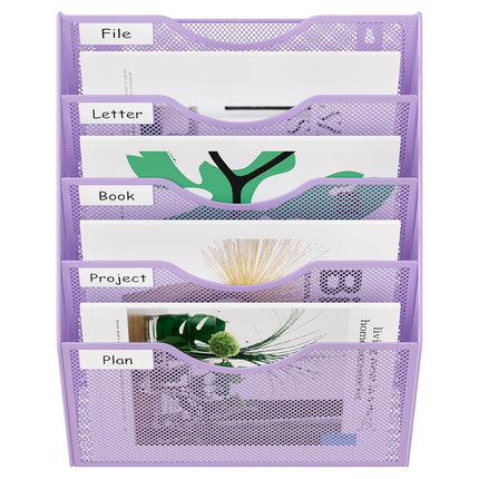 EasyPAG Wall File Organizer 5 Tier Hanging Paper Folder Holder, Zero Assembly Metal Mesh Wall Mounted Mail Organizer for Office Home Classroom Narrow Spaces, Puple
