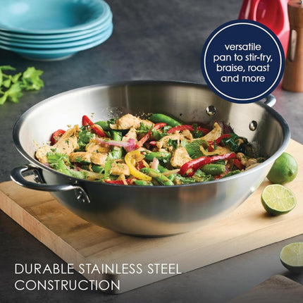 Rachael Ray Sartén Wok/Saltear Profesional de Acero Inoxidable, Compatible con Todas las Encimeras, Apto para Inducción, Apto para Lavavajillas y Utensilios Metálicos, 35.5 cm - Acero Inoxidable
