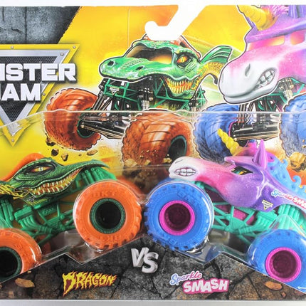 Monster Jam Official 1:64 Scale Diecast Truck 2-Pack Series 33 Dragon vs Sparkle Smash