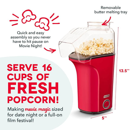 DASH Hot Air Popcorn Popper Maker with Measuring Cup to Portion Popping Corn Kernels + Melt Butter, 16 Cups - Red