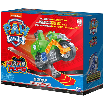 Paw Patrol, Moto Pups Rocky’s Deluxe Pull Back Motorcycle Vehicle with Wheelie Feature and Figure
