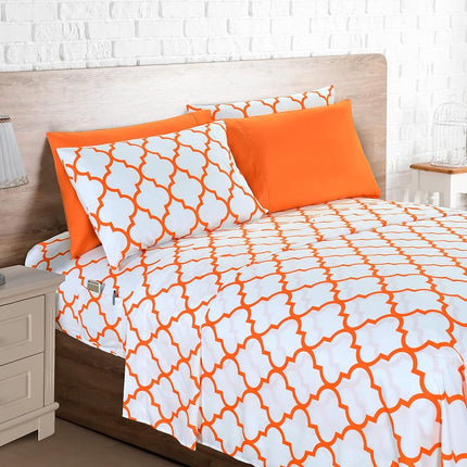 Elegant Comfort 4-Piece Moroccan Trellis Print Sheet Set, Super Cozy, Fade Resistant, 1500 Thread Count, Deep Pocket Fitted Sheet with Smart Pockets, Moroccan Trellis Sheet Set, Twin XL, Neon Orange