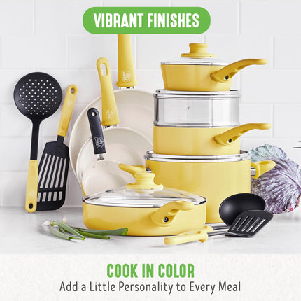 Juego de ollas y sartenes GreenLife Soft Grip de cerámica antiadherente saludable de 18 piezas, libre de PFAS, con utensilios de cocina y tapa, apto para lavavajillas, color amarillo