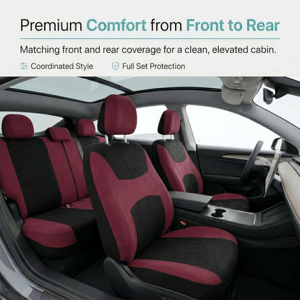 FH Group Light & Breezy Cloth Car Seat Covers, 7 Seater Three Row Set- Airbag & Split Ready -Universal for Cars Trucks and SUVs Burgundy/Black