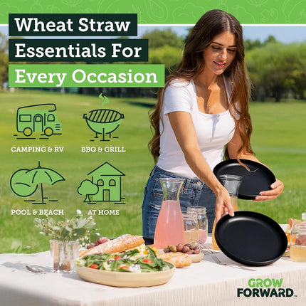 Grow Forward Premium Wheat Straw Plates and Bowls Sets - 8 Unbreakable Microwave Safe Dishes - Reusable Wheat Straw Dinnerware Sets - Plastic Plates and Bowls Alternative for Camping, RV - Midnight