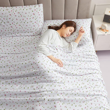 Mooreeke Floral Queen Sheets, Soft Breathable Microfiber Printed Bed Sheet Set, Deep Pocket Non-Slip Fitted Sheet Included, Flower Leaf Pattern