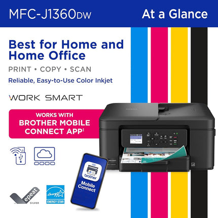 Brother Work Smart 1360 Wireless Color Inkjet All-in-One Printer with Automatic Duplex Printing and 1.8” Color Display | Includes Refresh Subscription Trial(1) (MFC-J1360DW)