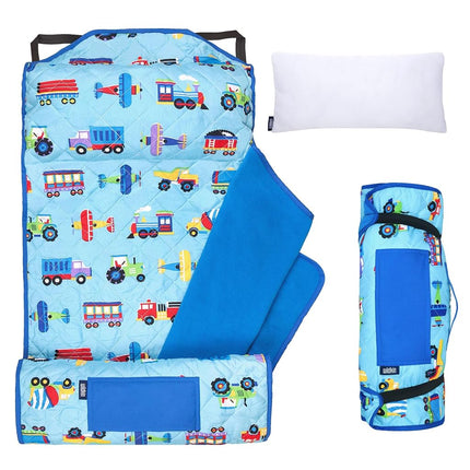 Tapis de sieste matelassé Wildkin pour enfants – Microfibre douce et sangles élastiques – Idéal pour l'école, les soirées pyjama et les voyages – Trains, avions et camions