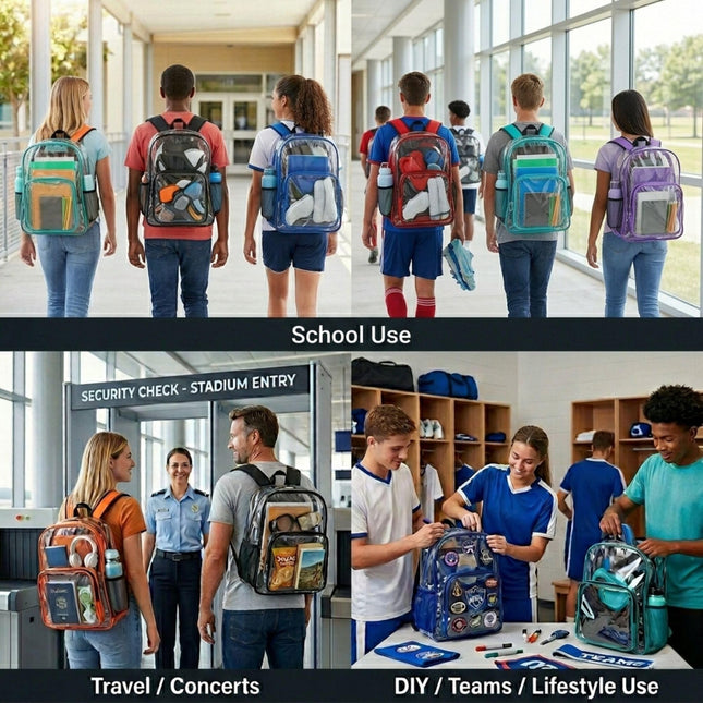Trail maker Clear Backpack Heavy Duty with Padded Straps, Side Pockets for Kids, Boys, Girls, School, Stadium Approved Events, Black, M, Clear