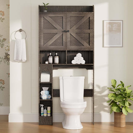 Vipbear Freestanding Wooden Over The Toilet Storage Cabinet with 2 Barn Doors, Toilet Paper Holder, Anti-Tip Device & Adjustable Shelf, Ideal for Bathroom, Restroom & Laundry