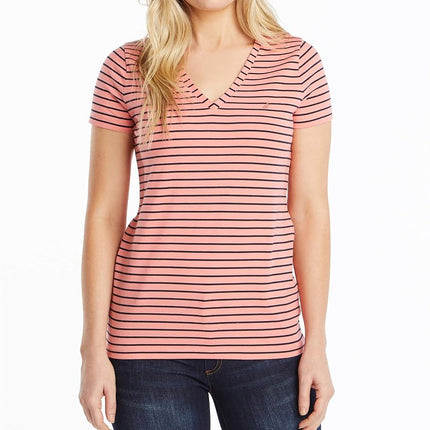 Nautica womensEasy Comfort V-Neck Striped Supersoft Stretch Cotton T-Shirt Short Sleeve T-Shirt - red - X-Small