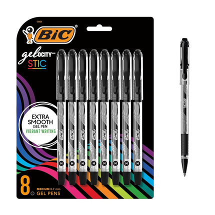 BIC Gel-ocity Gel Stic Black Gel Pens, Medium Point (0.7mm), 8-Count Pack, Smooth Writing Gel Pens With Comfortable Grip