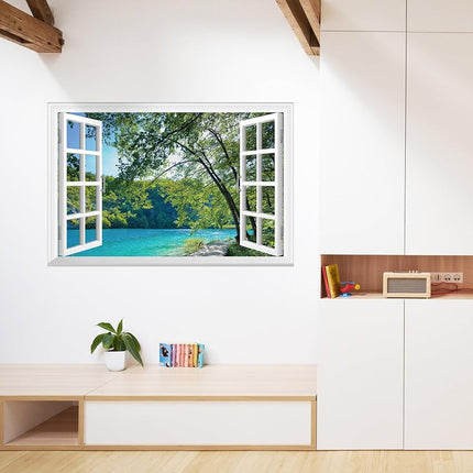 FLFK Fake Window Wall Mural - Lakes in The Jungle Faux Window Wall Sticker for Wall Decor, Stick and Peel Wall Decals, 48"x32", Set of 2 Sheets