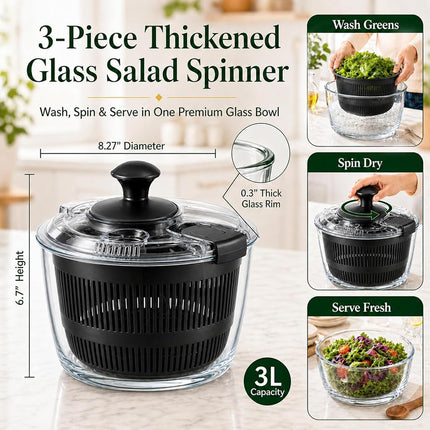 LYTYCJD Glass Salad Spinner 3.2 Qt, Small Salad Spinner, Glass Bowl, Black
