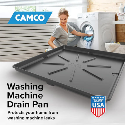 Camco 20750, Washing Machine Drain Pan | Features a Durable Plastic Construction, 1-inch/1.5-inch PVC Drain Fitting, and Measures 30-inches (L) x 32-inches (W) x 2 ½-inches (H) (OD)