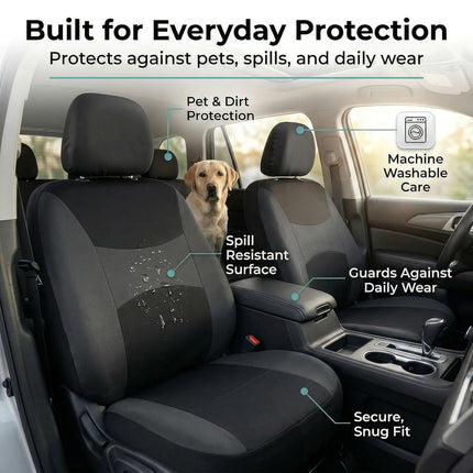 FH Group Light & Breezy Flat Cloth Cars Seat Covers Combo Steering Wheel Cover & Seat Belt Pads, Airbag and Split Rear Universal Fit Interior Accessories Cars Trucks SUV 7 Seater Three Row Set Black