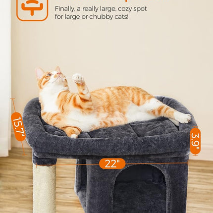 Feandrea Cat Tree Tower, 84 cm, L, Condo for Large Cats up to 16 lb, Large Perch, 2 Caves, Scratching Post, Smoky Gray UPCT61G