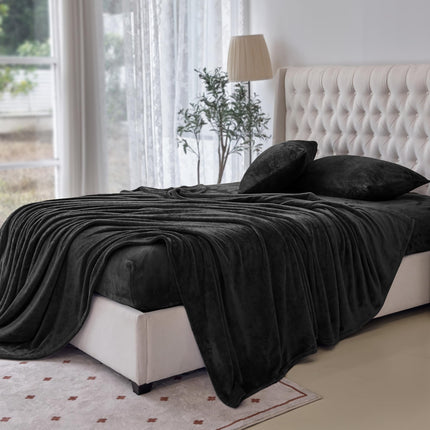 Elegant Comfort Luxuriously Soft 4-Piece Velvet Plush Flannel Sheet Set - Premium Quality - Cozy Warm, Anti-Static, Non Pilling Fuzzy Velvet Flannel Fleece Deep Pocket Sheet Set - Twin XL, Black