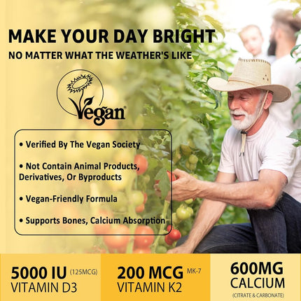 Vitamin D3 K2 Gummies - Vitamin D3 5000iu & K2 Vitamin 200mcg + Calcium 600mg for Adults & GLP-1 Friendly, with Coconut Oil for High Absorption, Support for Bone Muscle Teeth Immune, Vegan 120Count