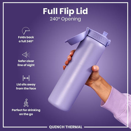 Ion8 Vacuum Insulated Stainless Steel 1 Litre Water Bottle, 920ml, Leak Proof, One-Finger Open, Secure Lock, Carry Handle, Dishwasher Safe, Scratch Resistant, Ideal for Sports and Yoga, Light Purple