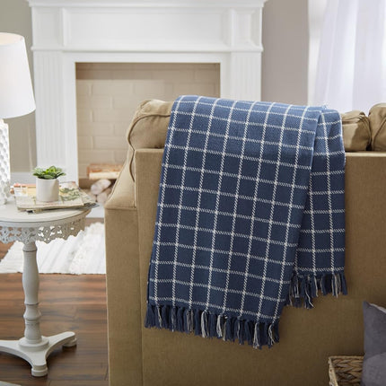 DII Checked Plaid Woven Throw, Cotton, French Blue, 50x60