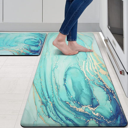 MAYHMYO Kitchen Rugs and Mats Set of 2 Teal Marble