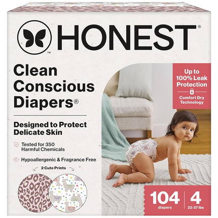 The Honest Company Clean Conscious Diapers | Plant-Based, Sustainable | Just Peachy + Flower Power | Super Club Box, Size 4 (22-37 lbs), 104 Count