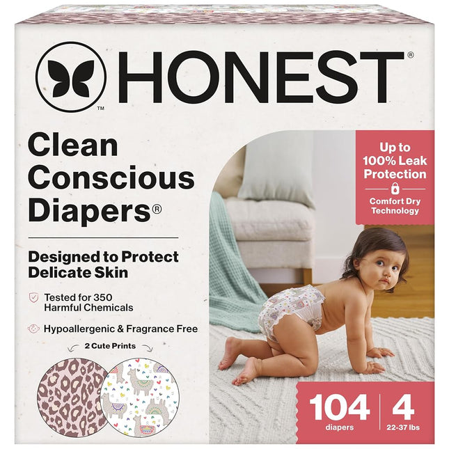 The Honest Company Clean Conscious Diapers | Plant-Based, Sustainable | Just Peachy + Flower Power | Super Club Box, Size 4 (22-37 lbs), 104 Count