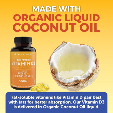 Vitamin D3 5000 IU, 360 Softgels - High Potency Vitamin D Made with Organic Coconut Oil, Vitamin D for Healthy Immune Function, Bone Health & Muscles Function