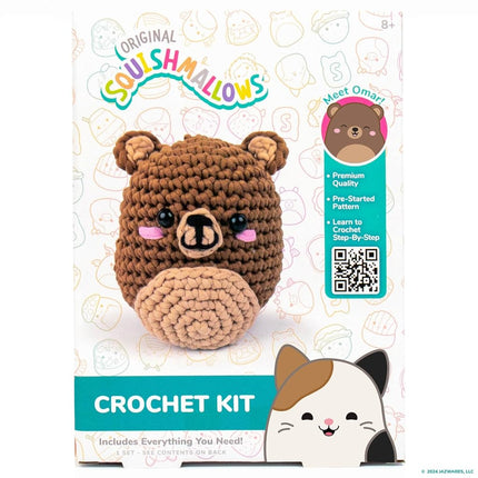 Squishmallows Omar the Bear Crochet Kit for Beginners, Adults and Kids Ages 8+ - Complete DIY Beginner Starter Set with Hook, Soft Yarn Bundles & Instructions - Crochet Animal Craft Gifts